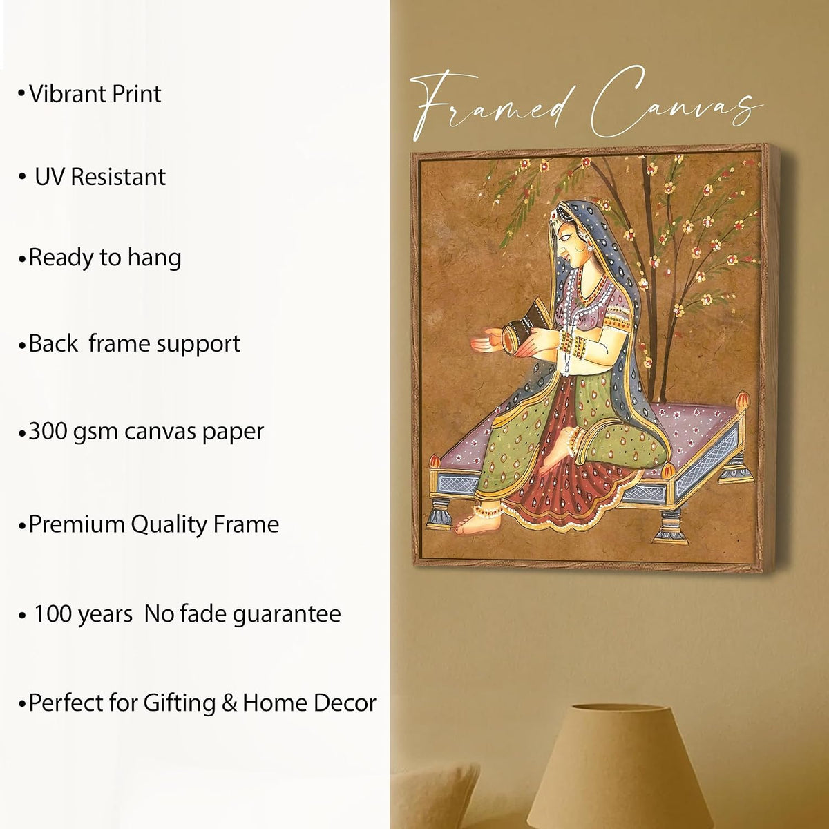 Indian Folk Framed Painting For Living Room | Traditional Ragamala Large Canvas Painting With Frame Wall Art For Bedroom, Hallway's, Office, Hotel, Size 58x58 cm
