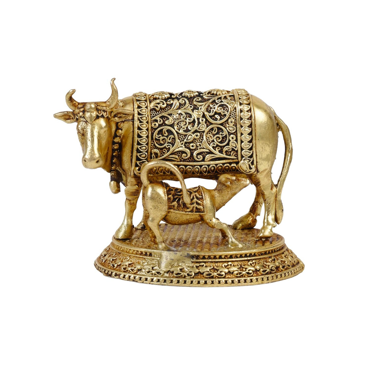 Brass Kamdhenu Cow with Calf Statue 2.2 Inch | Religious Gau MATA Idol for Mandir, Pooja, Home Temple, Vastu, Office Desk & Decorative Spiritual Gift (Pack of 1)