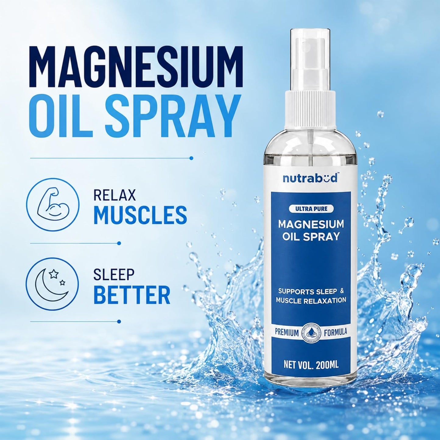 Nutrabud Magnesium Oil Spray - 200ml | Topical Spray Magnesium Oil For Feet, Muscle Relaxation, Deep Sleep Support, Recovery From Cramps (200ml (Pack of 1))