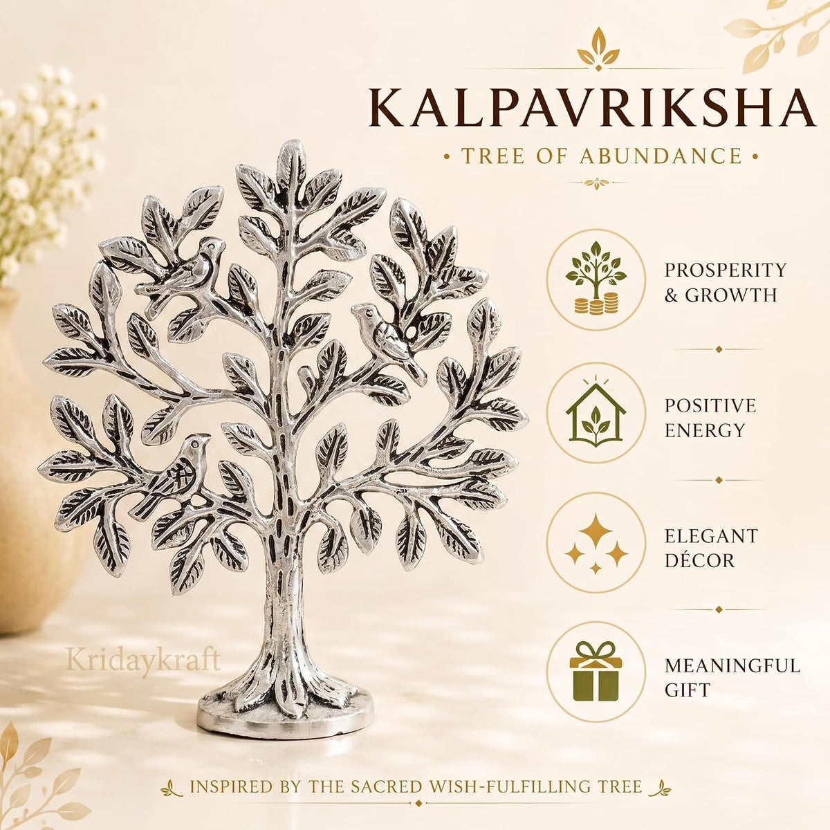 Metal Kalpavriksha Tree for Home Decor - Golden Wish Fulfilling Tree Metal Showpiece for Temple, Vastu, Office Table & Gifting Banyan (No 0 Silver)