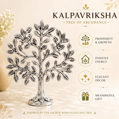Metal Kalpavriksha Tree for Home Decor - Golden Wish Fulfilling Tree Metal Showpiece for Temple, Vastu, Office Table & Gifting Banyan (No 0 Silver)