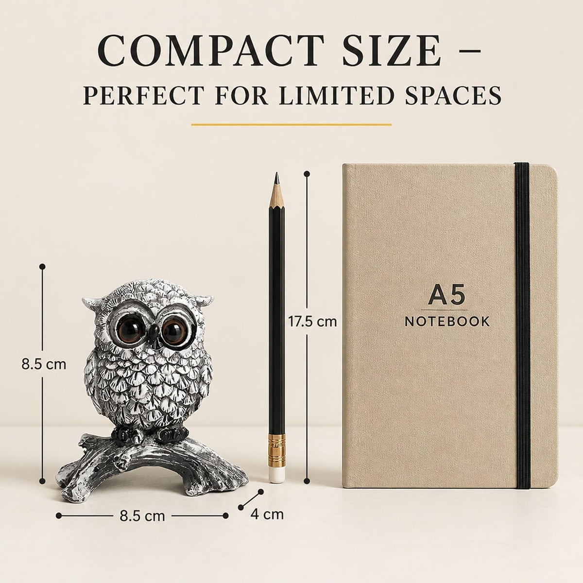 White Owl Figurine on Natural Wood-Look Log, Black & White Owl Statue for Home Office Desk Decor (Small)