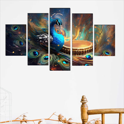 Peacock Paintings for Living Room | Painting for Wall Decoration | 3D Wall Art for Bedroom | modern art Wall Painting Set of 5 (75 x 45 cms) SANFPNLS35514