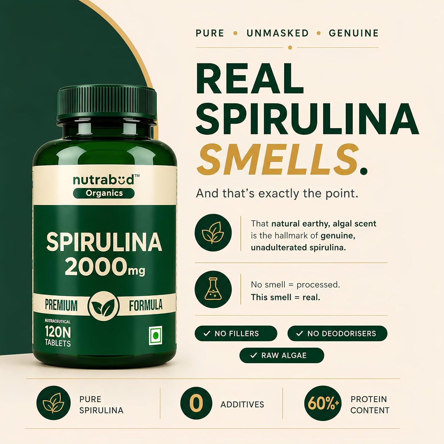 Nutrabud Spirulina Tablets 2000mg per Serving - 120 Veg Tablets - For Women, Men - Preservative & Additive Free (120 Count (Pack of 1))