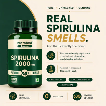 Nutrabud Spirulina Tablets 2000mg per Serving - 120 Veg Tablets - For Women, Men - Preservative & Additive Free (120 Count (Pack of 1))