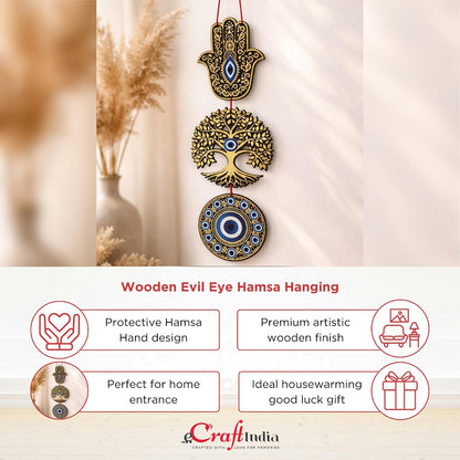 eCraftIndia Wooden Evil Eye Hamsa Hand Nazar Battu Wall Hanging for Home Office