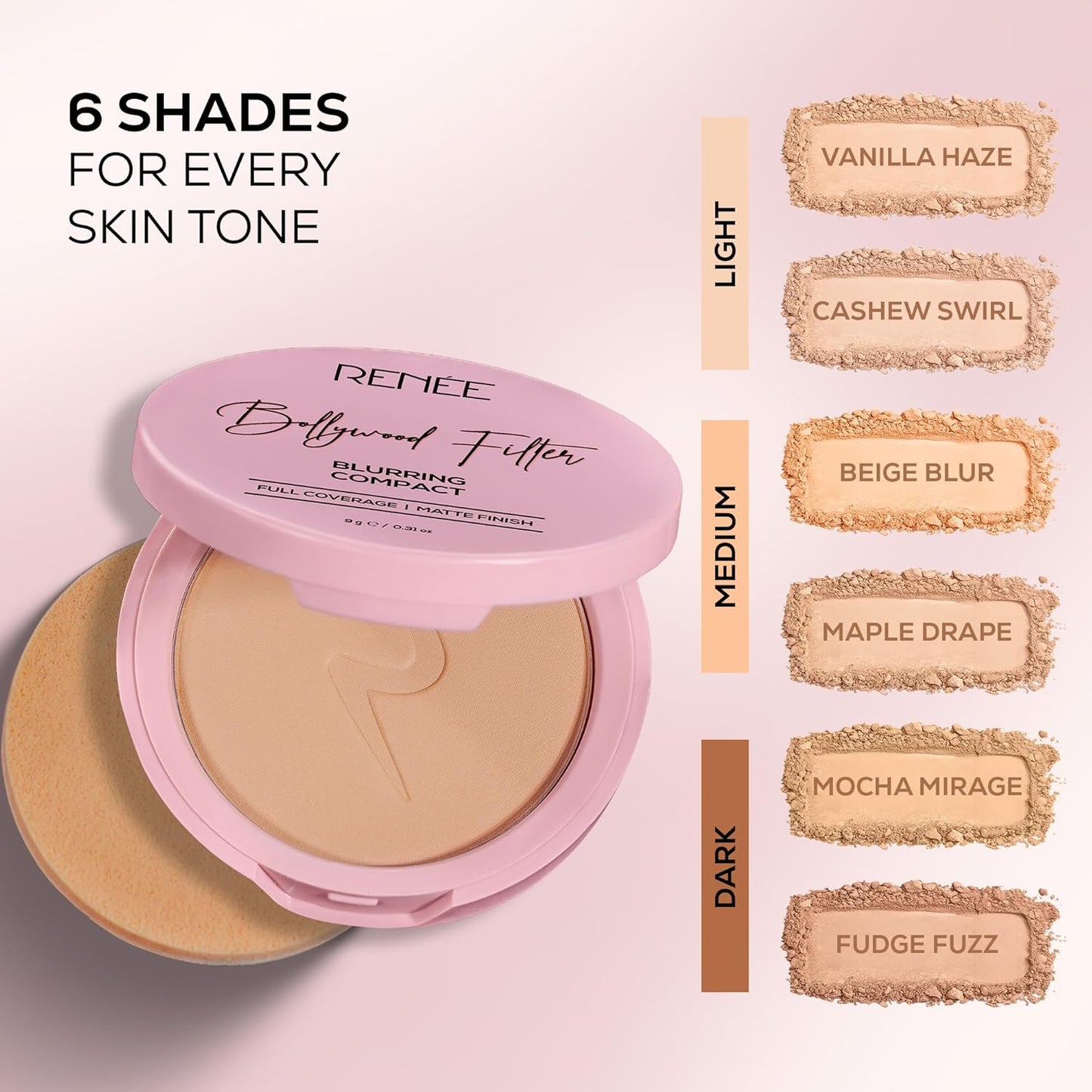 RENEE Bollywood Filter Blurring Compact - Maple Drape | Pore Minimising, Matte Finish, Full Coverage, Rich Pay-off | Blurs Pores & Blemishes | 9g