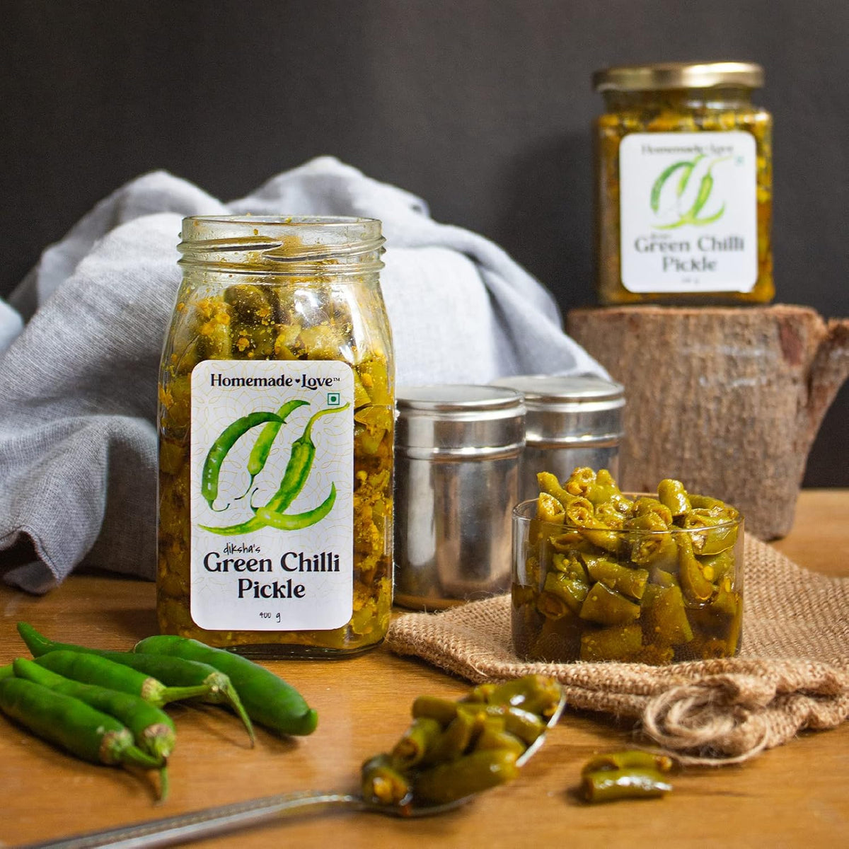 Homemade Love Green Chilli Pickle Made with Farm sourced, Sun-Dried Green Chillies | Spicy and Tangy Hari Mirch ka Achaar Mixed with Spices