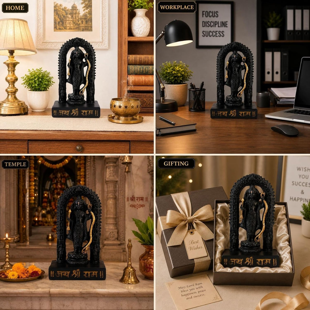 6.5 Inch Lord Ram Idol with Decorative Arch | Black Finish Ram Murti for Home Temple, Mandir, Pooja Room & Office Desk | Spiritual Showpiece for Worship, Festive Décor & Gifting