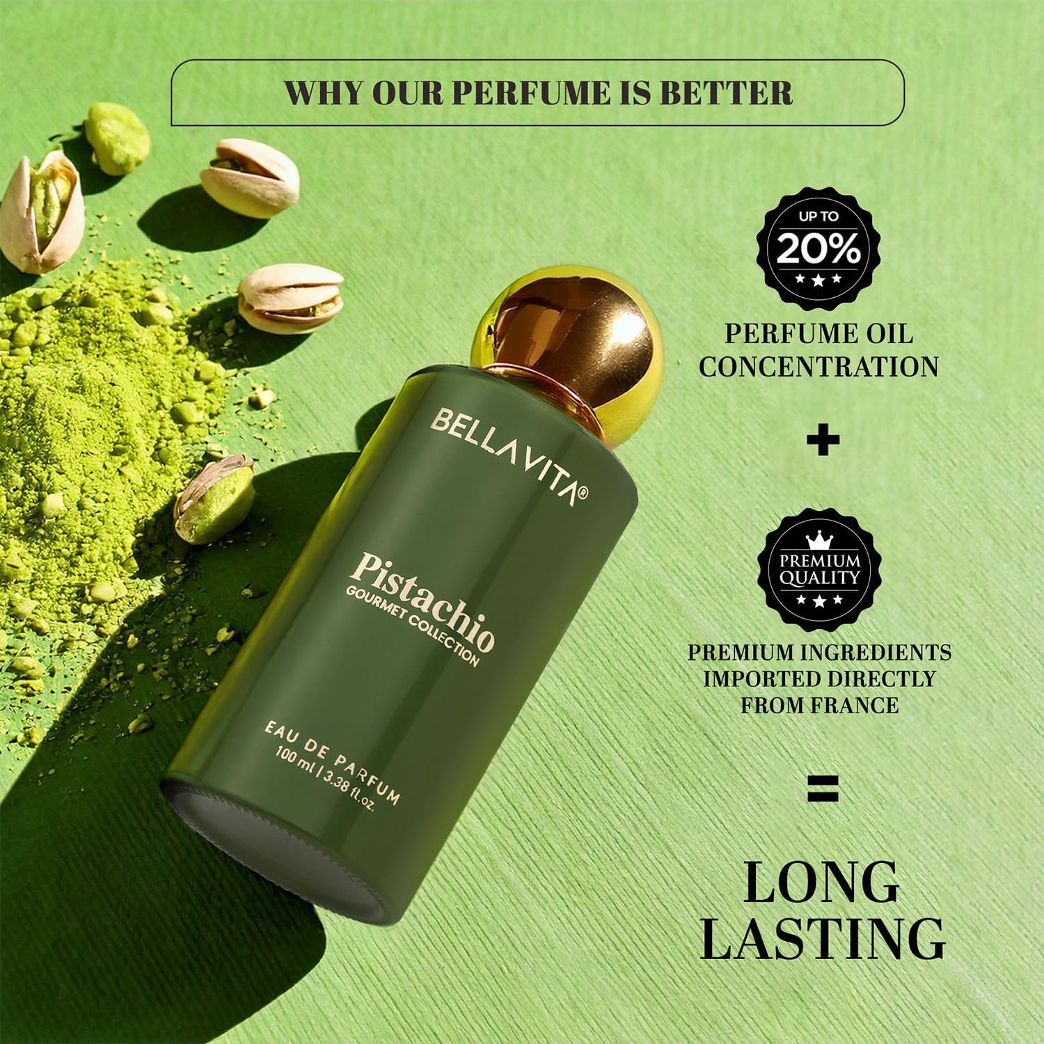Bottle of Bellavita Pistachio perfume with pistachios and green powder on a green background