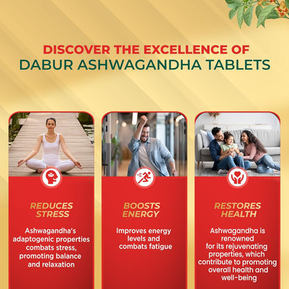 Advertisement for Dabur Ashwagandha Tablets with lifestyle images and product benefits on a yellow background.