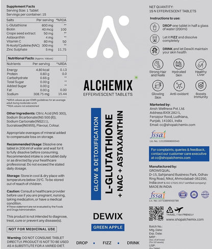 Alchemix Dewix L-Glutathione 600mg Effervescent Tablets with NAC 300mg, Astaxanthin, Vitamin C, Blueberry Flavor, Glow & Detoxification, Sugar-Free, 16 Tablets (1, Blueberry)