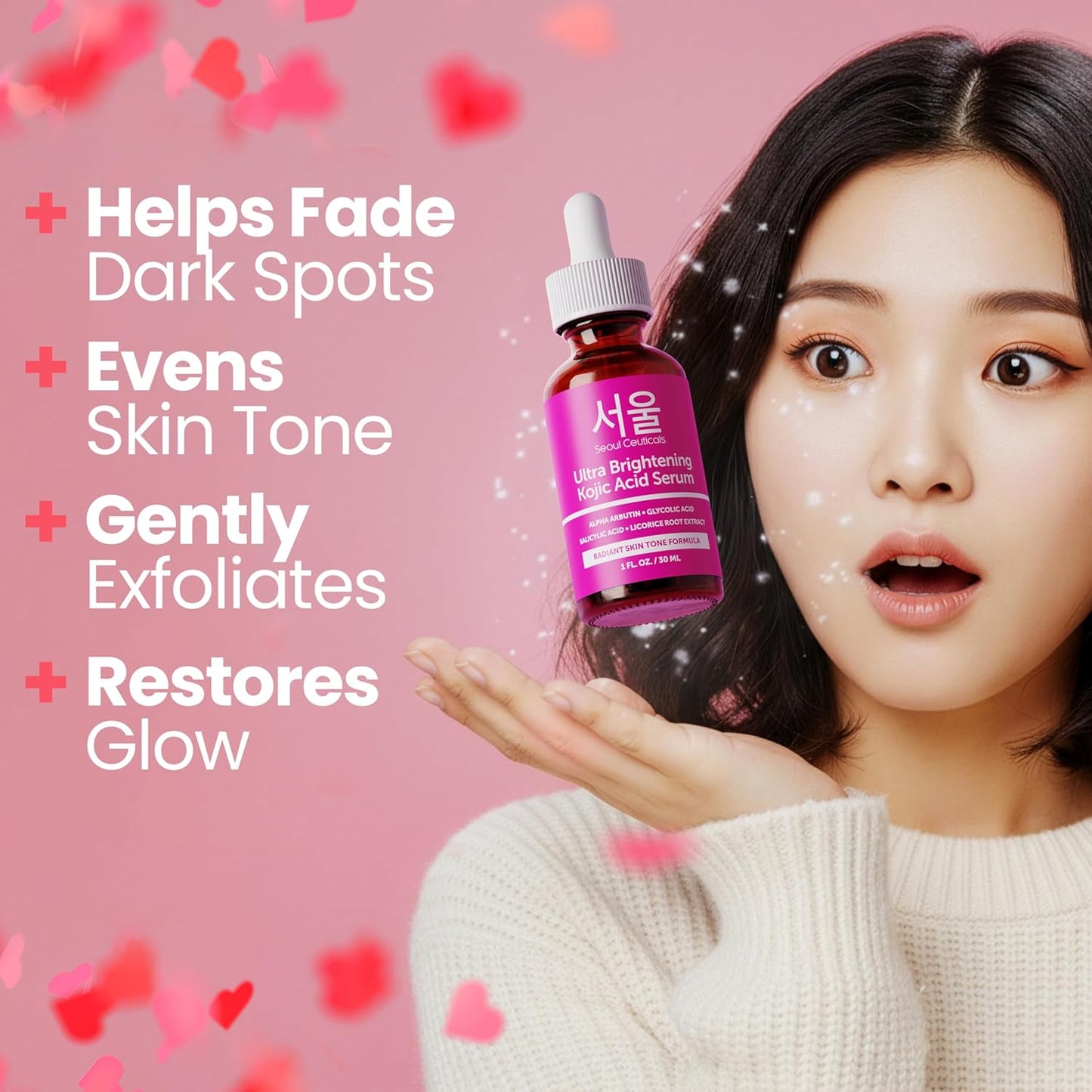 SeoulCeuticals Korean Skin Care Kojic Acid Serum Alpha Arbutin – Dark Spot Remover Corrector Glycolic Acid + K Beauty 1oz