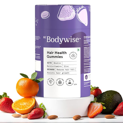 Be Bodywise Biotin Hair Gummies for Postpartum Hair Fall | 60 Day Pack | With High Potency Biotin, Zinc, Folic Acid, Fibre & Multivitamins | Strawberry Flavour