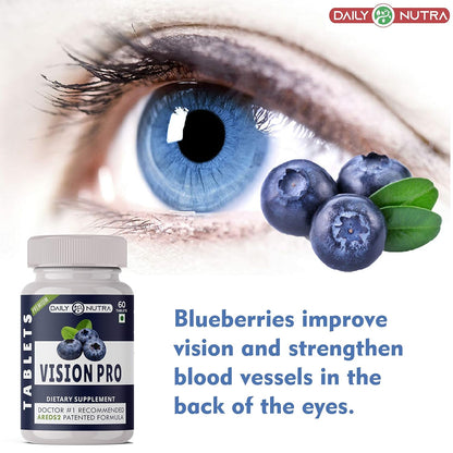 Vision Pro supplement bottle with blueberries and a close-up of an eye.