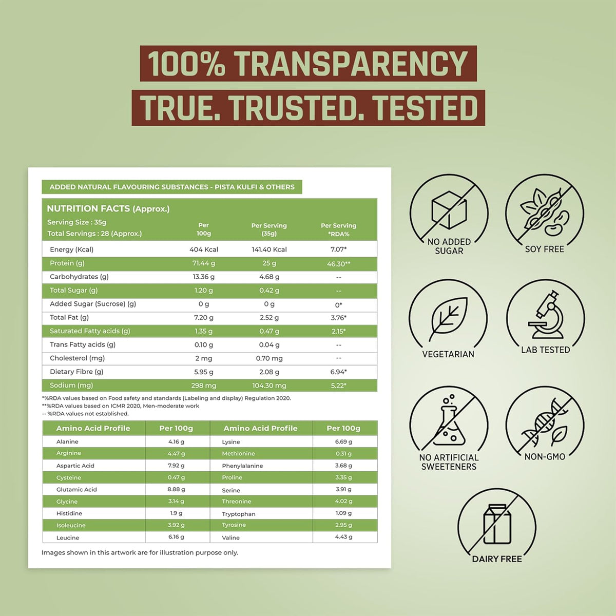 Nutrition facts label with certification icons on a green background