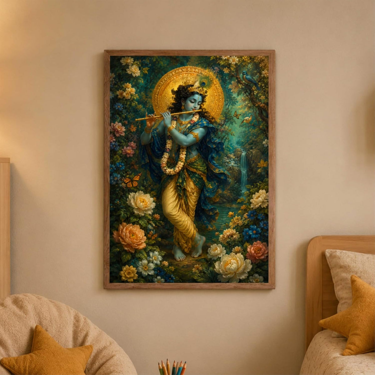 Lord Krishna Flute Wall Painting for Living Room Bedroom Hall Office Decor, Devotional Floral Artwork with Sparkle Laminate and Premium Wooden Synthetic Frame (13.5 x 19.5 Inch) NM01-4104