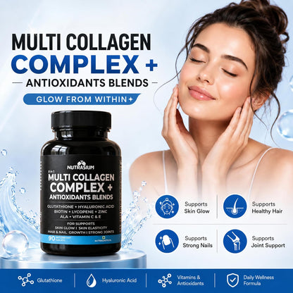 Nutrasium Multi Collagen With Glutathione & Hyaluronic Acid For Skin Radiance, Skin Firmness & Glow Added Zinc & Vitamin C & E | 45 Tablets