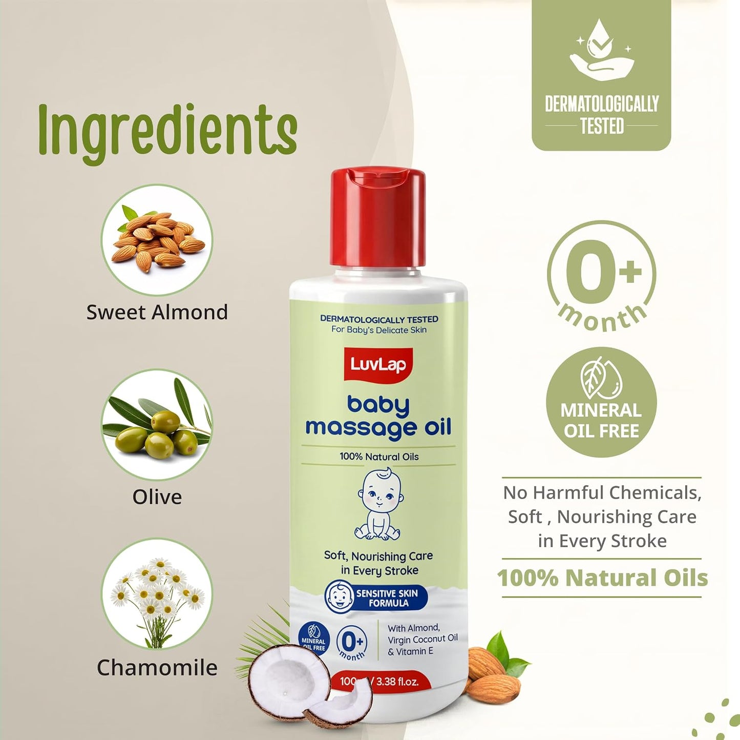 LuvLap Baby Massage Oil with Almond, Virgin Coconut Oil & Vitamin E, Deep Nourishing, Skin Repair & Relaxation, Ayurvedic Non-Sticky Oil for Soft New Born Skin, 100% Natural, Derma Safe, 100ml