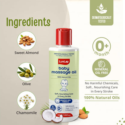 LuvLap Baby Massage Oil with Almond, Virgin Coconut Oil & Vitamin E, Deep Nourishing, Skin Repair & Relaxation, Ayurvedic Non-Sticky Oil for Soft New Born Skin, 100% Natural, Derma Safe, 100ml