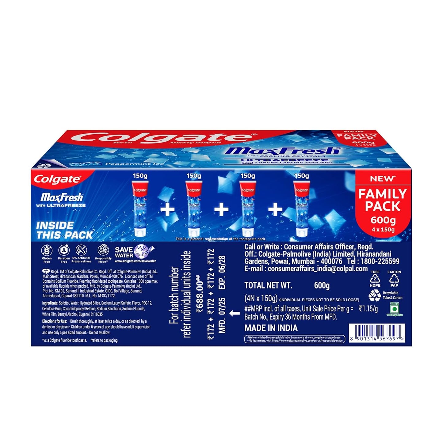 Colgate MaxFresh Toothpaste, Blue Gel Paste with Menthol for Super Fresh Breath, 600g, 150g X 4 (Peppermint Ice, Combo Pack)