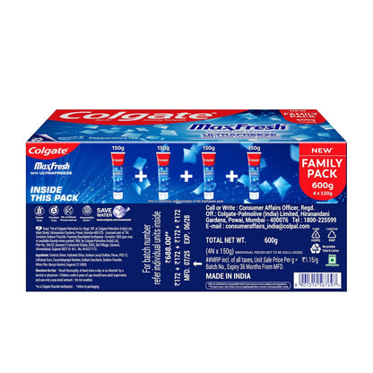 Colgate MaxFresh Toothpaste, Blue Gel Paste with Menthol for Super Fresh Breath, 600g, 150g X 4 (Peppermint Ice, Combo Pack)
