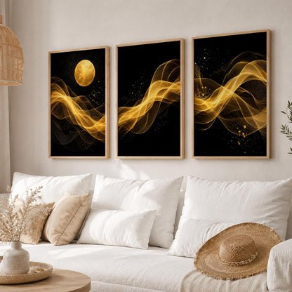 Set of 3 Black Gold Abstract Moon Wall Art Paintings for Living Room | Luxury Modern Wall Decor | Golden Wave Wall Paintings for Bedroom, Hall, Office & Home Decoration (13x19 Inches)