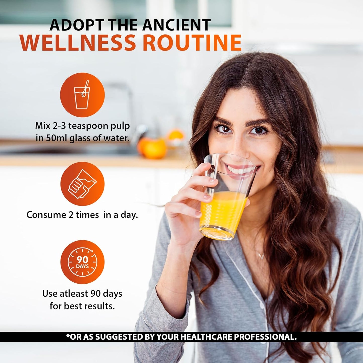 Woman drinking orange juice with wellness routine tips on a white background