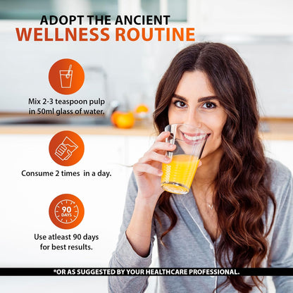 Woman drinking orange juice with wellness routine tips on a white background