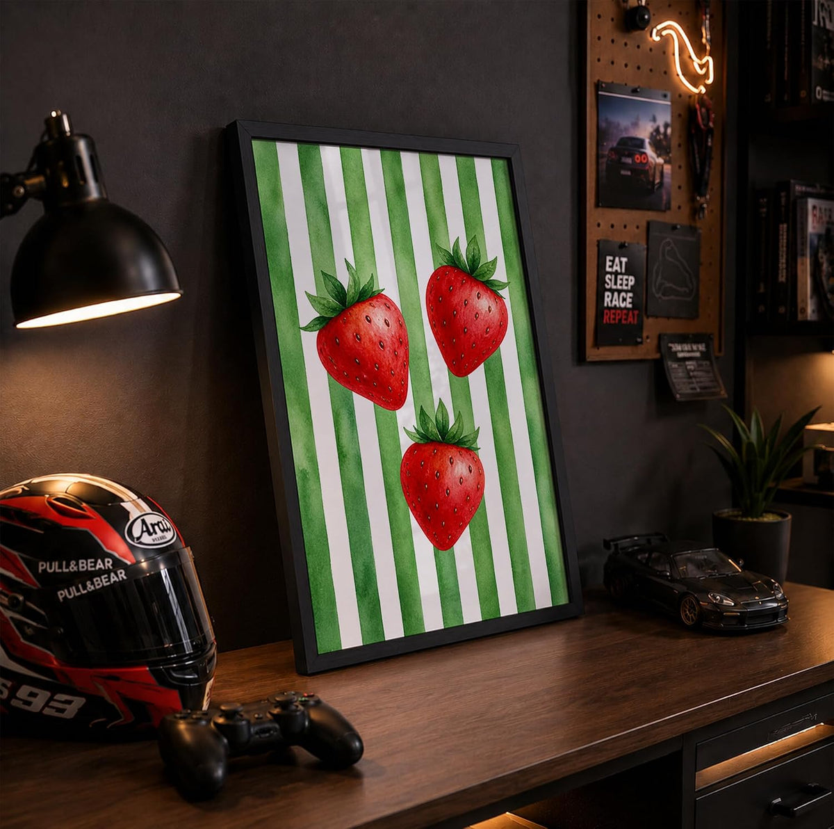 Strawberry Wall Art Framed Painting for Home Decor, Fruit Botanical Artwork Wall Decor for Living Room Bedroom Kitchen Dining Room, Green Retro Aesthetic Room Decoration (DGN06-Black10x13 inch)
