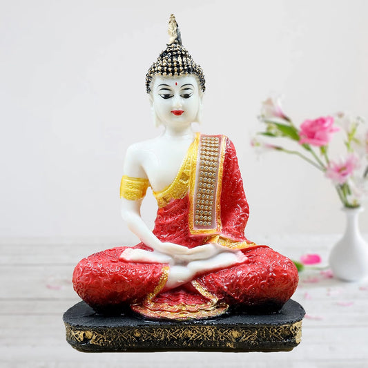 Meditating Buddha Statue Polyresin Idol Showpiece - Perfect for Living Room, Bedroom and Office Space Home Decor Staircase Wall Decoration Ideal Gifting (White and Red Buddha)