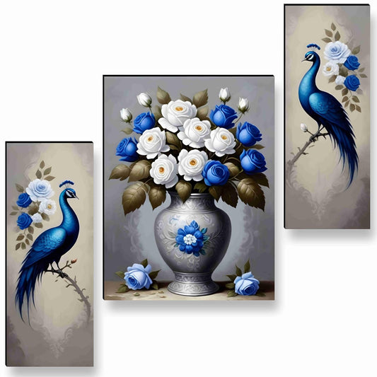 flower with couple peacock Paintings for Wall Decoration - Set Of 3, 3d Painting for Living Room Large Size with Frames for Home Decoration, Hotel, Office painting 50.8 cm x 30.48 cm A-JM-36056