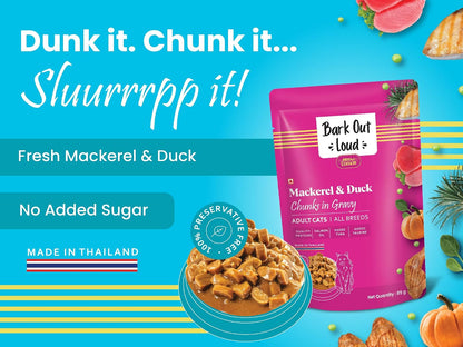 BARK OUT LOUD- Mackerel & Duck Wet Cat Food | Grain-Free Chunks in Gravy | Salmon Oil, Pumpkin & Taurine | All Breeds 85g (Pack of 1)