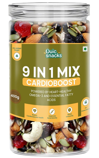 QuicSnacks 9-in-1 Cardioboost Seed Mix | Omega-3 Rich Trail Mix | Crunchy & Flavorful Snack | Healthy Nuts & Dry Fruits for Heart Health & Circulation