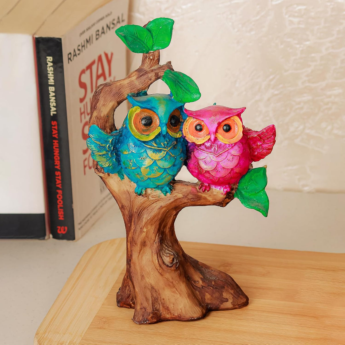 Poly Resin Owl Statue | Owl Sculpture for Good Luck | Owl Couple on Tree Showpiece Idol for Garden, Home Decoration, Table, Living Room | Gift for Anniversary | Set of 1