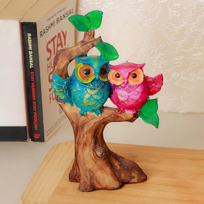 Poly Resin Owl Statue | Owl Sculpture for Good Luck | Owl Couple on Tree Showpiece Idol for Garden, Home Decoration, Table, Living Room | Gift for Anniversary | Set of 1