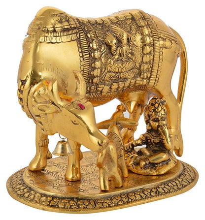 Polyresin Hand Painted Kamdhenu Cow with Calf God Figure Showpiece Decor (Golden, Small Size), 20L x 20W x 29H Centimeters