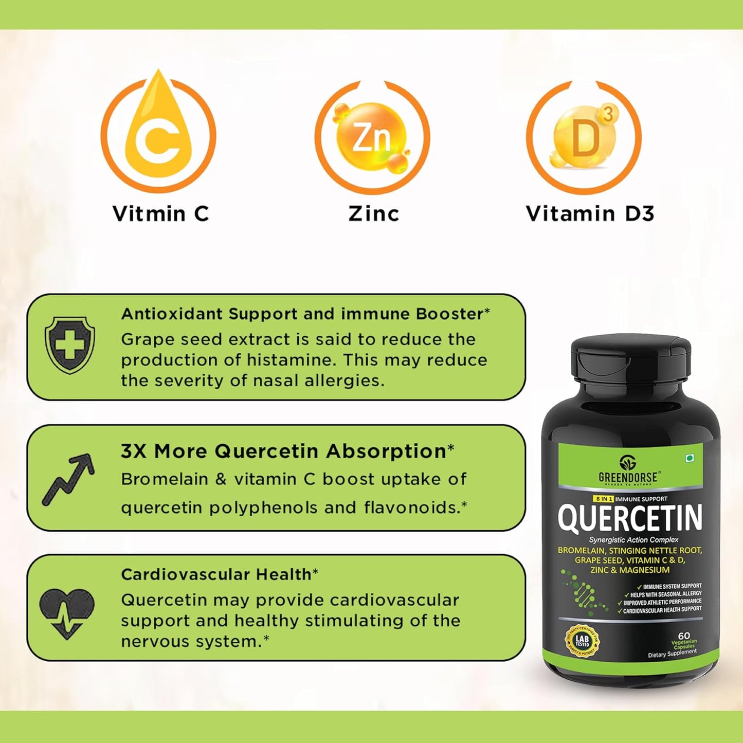 GREENDORSE Premium Quercetin with Bromelain, Stinging Nettle, Grape Seed, Vitamin C & D, Zinc, Magnesium – 8-in-1 Immune Support Supplement – Antioxidant, Allergy Relief, Cardiovascular & Respiratory Health – 60 Vegan Capsules