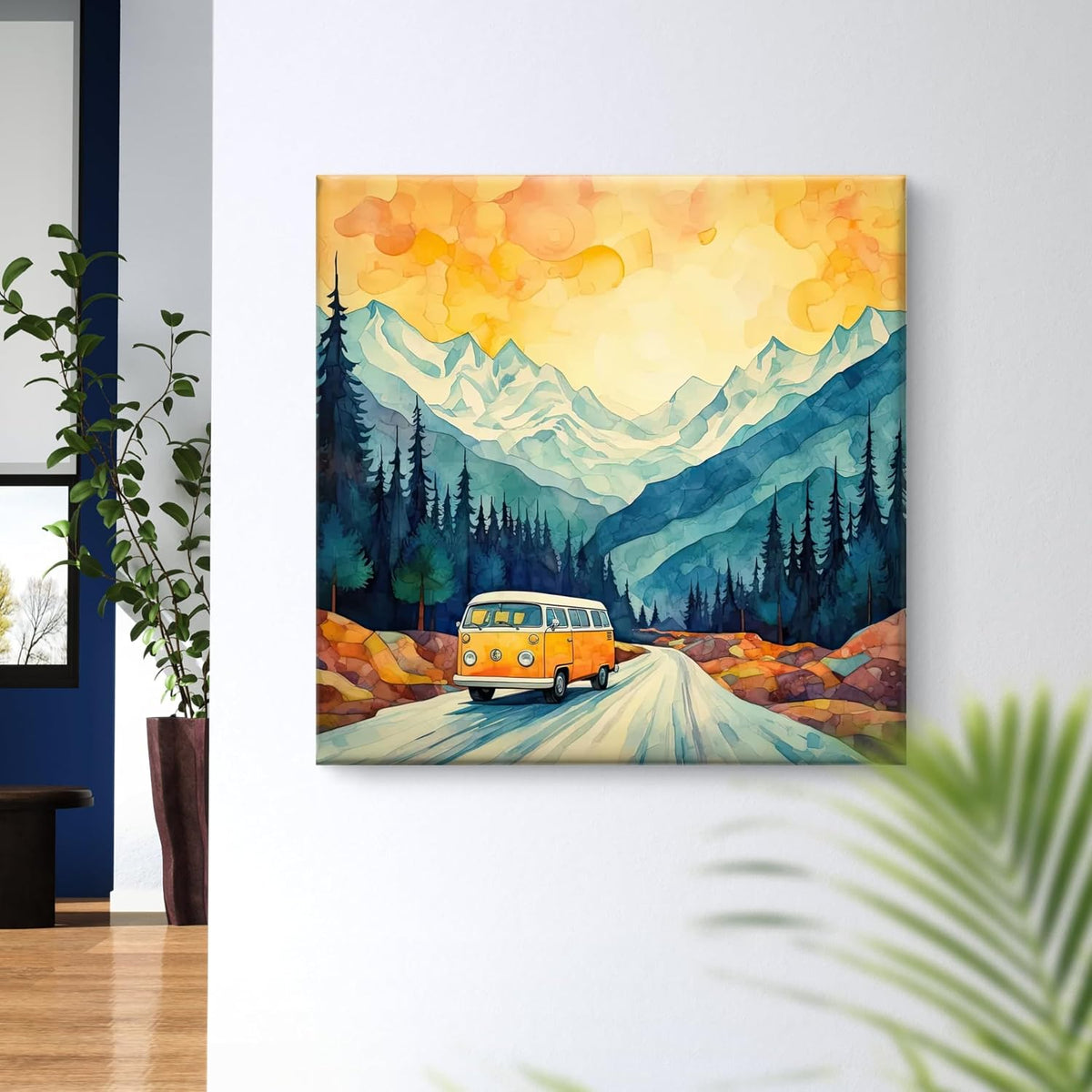 Mountain Landscape Canvas Wall Art, Yellow VW Van Print, Watercolour Nature Scene 16 Inch x 16 Inch CVS-38115