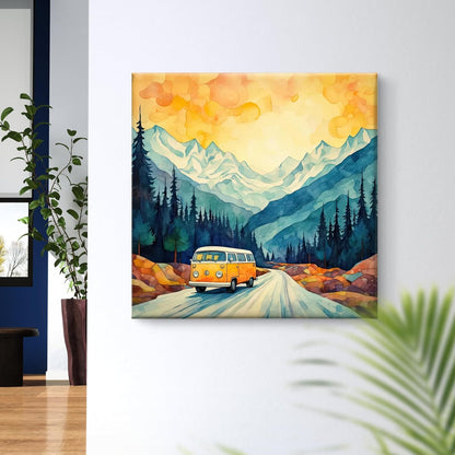 Mountain Landscape Canvas Wall Art, Yellow VW Van Print, Watercolour Nature Scene 16 Inch x 16 Inch CVS-38115