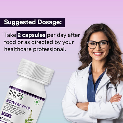 INLIFE Resveratrol Supplements - 750 mg Antioxidant Formula with Japanese Knotweed (Trans-Resveratrol), Grape Seed, Lycopene, Vitamin E & C - 60 Veg Capsules - Supports Skin, Heart Health