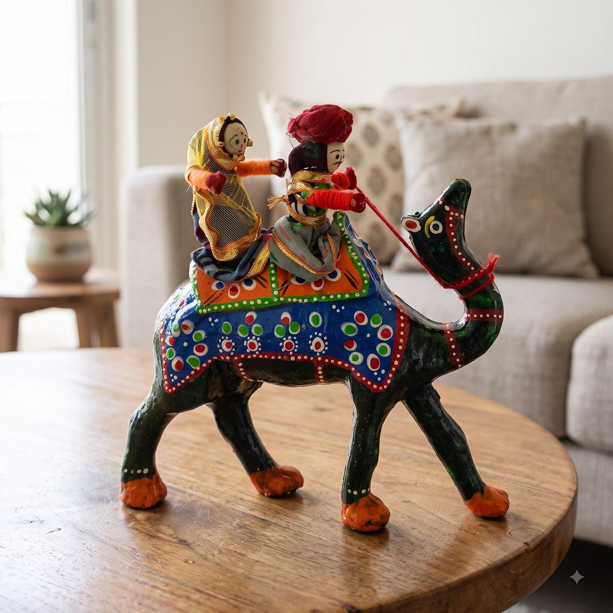 JH Gallery Handmade Recycled Material Figurines Rajasthani Doll Couple Rider Idol Showpiece, Multicolor (18 * 16 * 5cm) (Camel)