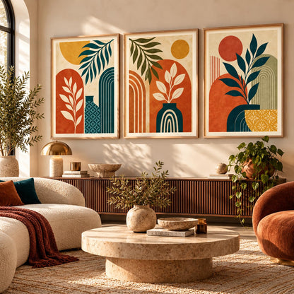 BOHO Art Home Decor Painting | Modern BOHO Artwork with Frame for Living Room Bedroom Hotel Wall | Digital Reprint Set of 3 | 13X17 Inch
