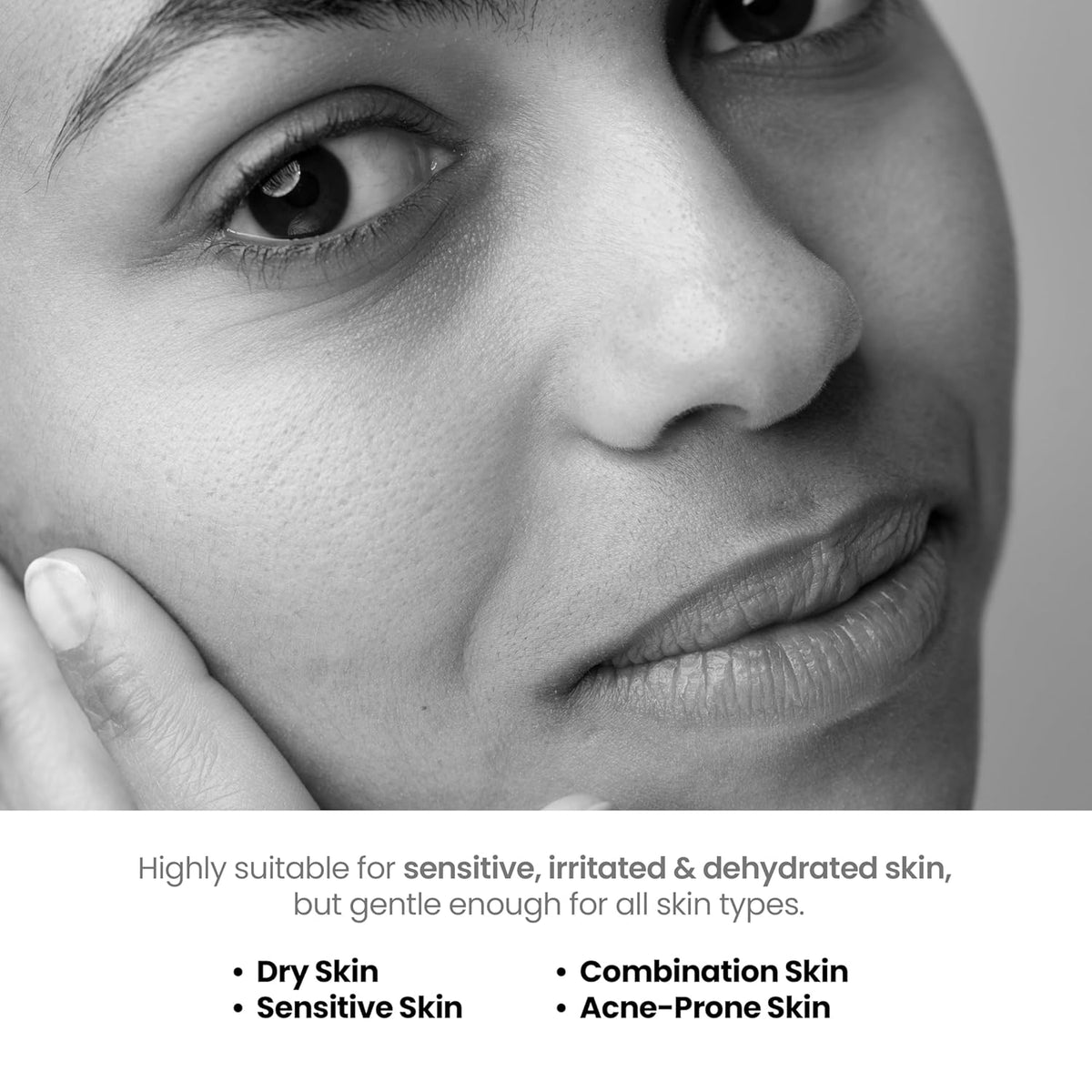 Close-up of a person's face with text about skin types suitability