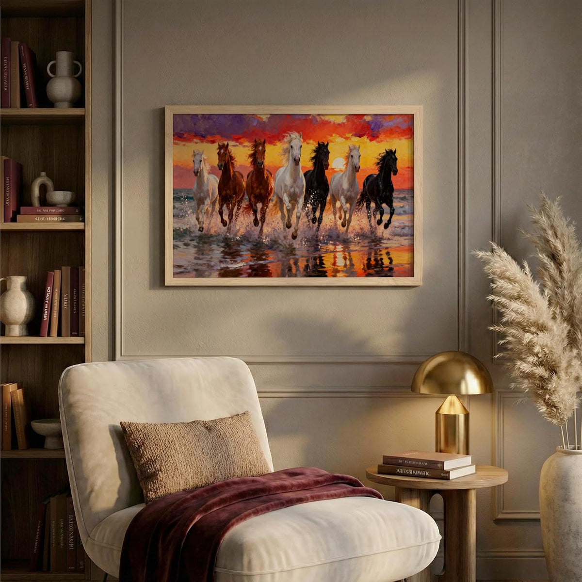 7 Horse Vastu Wall Painting for Living Room – Running Seven Horses Landscape Framed Wall Art | Premium Wooden Frame Home & Office Decor (Natural, Design 01, 13x19 Inch)