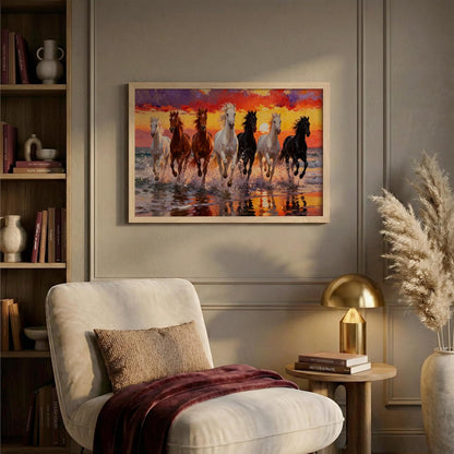 7 Horse Vastu Wall Painting for Living Room – Running Seven Horses Landscape Framed Wall Art | Premium Wooden Frame Home & Office Decor (Natural, Design 01, 13x19 Inch)