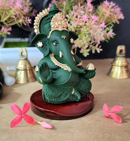 Handcrafted Poly Resin Ganesha Statue with Base - Perfect for Car Dashboard, Office Desk, Shelves, and Home Decor - Ideal Housewarming Gift! (ForestGreenMukut)