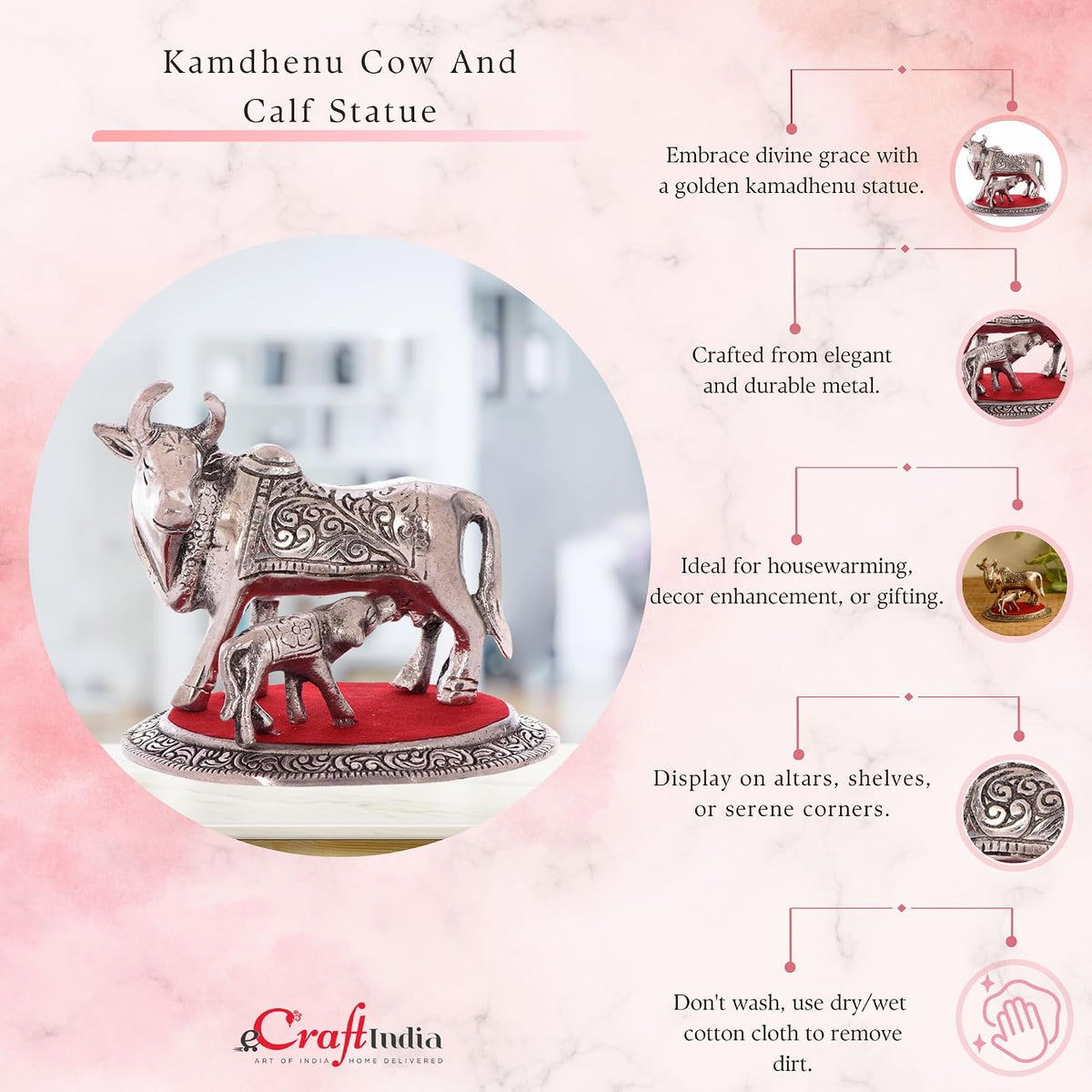 Metal Silver Kamdhenu Cow and Calf Statue | Animal Figurine Decorative Showpiece| Cow with Calf Idol for Home Office Temple | Gift for Diwali Housewarming Birthday