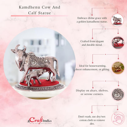 Metal Silver Kamdhenu Cow and Calf Statue | Animal Figurine Decorative Showpiece| Cow with Calf Idol for Home Office Temple | Gift for Diwali Housewarming Birthday
