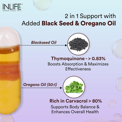 INLIFE Black Seed Oil (480 mg) & Oregano Oil (20 mg, 50:1) | Extra Virgin Cold Pressed | O Nigella, Kalonji & Maruvaka Taila | 60 Liquid Filled Veg Capsules